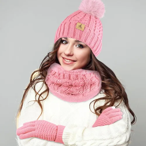 Vista 6 de Winter Beanie Hat Scarf Gloves Set, Soft Fleece Knit Hat Warm Touchscreen Gloves Neck Warmer Thick Scarves Gifts for Women