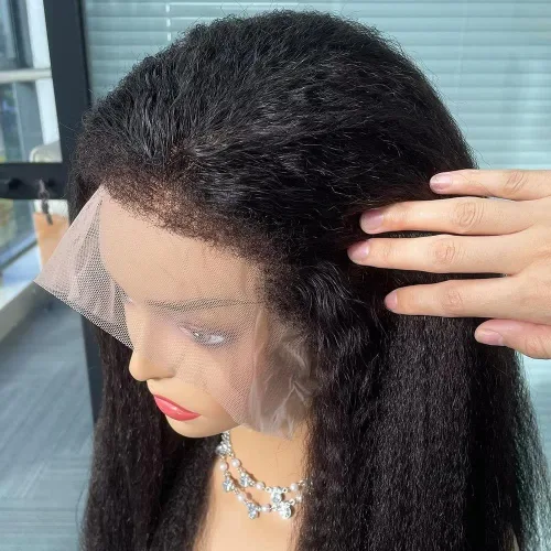 Vista 2 de Pelucas de cabello humano lacio con encaje transparente HD 360 frontal con cabello de bebé rizado, cabello virgen brasileño, bordes rizados, línea