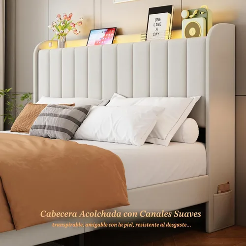 Vista 5 de Base de cama tamaño matrimonial con cabecera de almacenamiento y 2 cajones, base de cama tapizada con luces LED y práctica estación de carga,