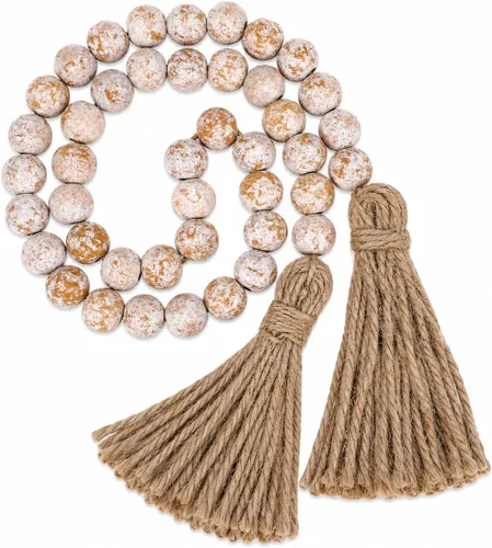 Vista 7 de IMIKEYA Guirnalda de cuentas de madera con borlas de 57 pulgadas, decoración rústica natural de granja para centros de mesa del hogar, bandejas Beige