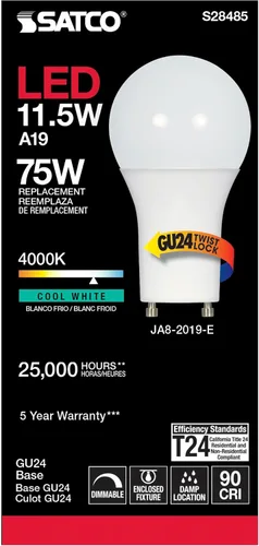 Vista 3 de Satco S28485, 11.5 vatios, 90CRI, 4000K, base GU24, ángulo de haz de 220 grados, 120 voltios, 1100 lúmenes, CEC, bombilla LED A19