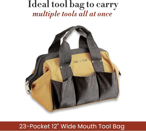 Vista 2 de Style n Craft Bolsa de herramientas de boca ancha de 12 pulgadas de 23 bolsillos, bolsa de almacenamiento de herramientas de poliéster 600D