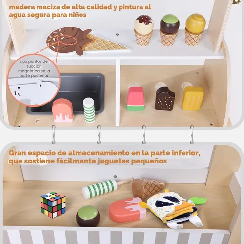 Vista 4 de Labebe Carrito de Helados de Madera para Niños, Camión de Helados para Niños Pequeños con Tirador, Juego de Simulación con Pizarra, Campanilla