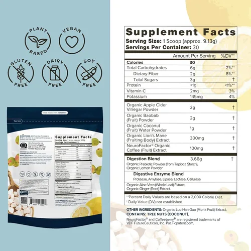 Vista 2 de Organifi Pure - Promueve la estimulación en el aprendizaje, la memoria, la concentración y la claridad - Apoyo cerebral con superalimentos - Sin