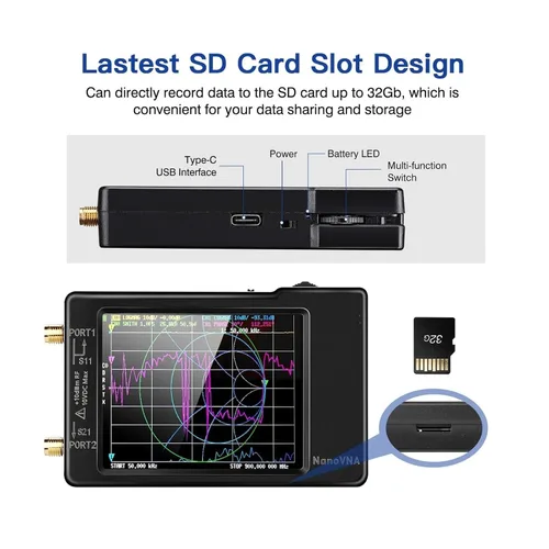 Vista 9 de Vector Network Analyzer, NanoVNA-H Vector Network Antenna Analyzer 4" 10KHz-1.5GHz MF HF VHF UHF Version with SD Card Slot Measuring S Parameters
