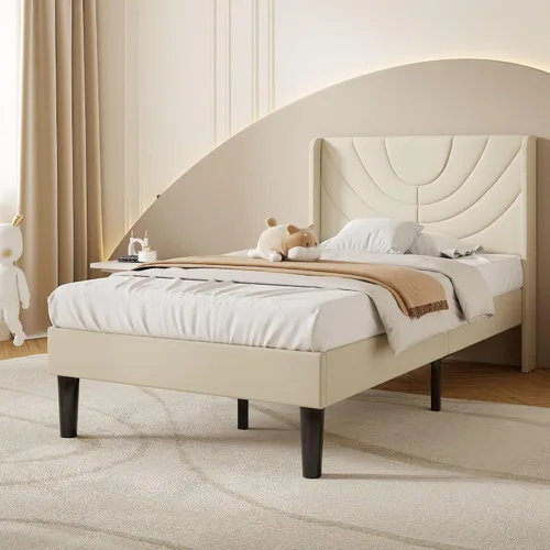 Vista 3 de VECELO Marco de Cama Tamaño Twin Plataforma Tapizada con Cabecera de Tela Ondulada/Soporte de Listones de Madera/No Necesita Somier/Base de Colchón