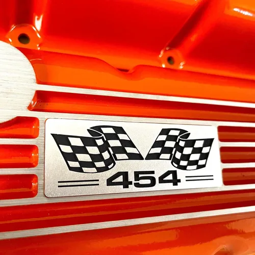 Vista 3 de 454 Cubiertas de válvula naranja con aletas para Chevy Big Block y kit de filtro de aire de 13 pulgadas
