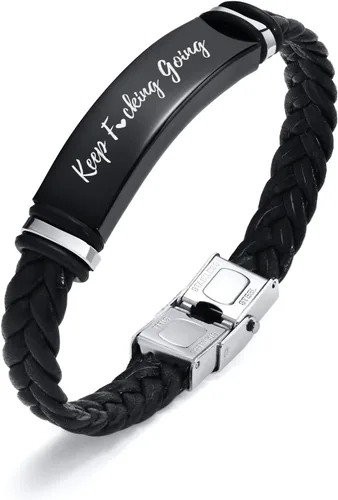 Vista 12 de Pulsera de cuero para hombre, regalo de sobriedad para hombre: cita inspiradora/versículo bíblico grabado, pulsera trenzada negra para hombre