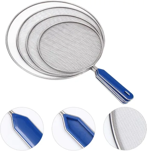 Vista 8 de 4 piezas de acero inoxidable cubierta de aceite de malla de metal protector de salpicaduras de aceite con asas azules resistente al calor protector