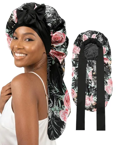 Vista 13 de AWAYTR Gorro largo de satén para mujer, gorro de seda elástica de doble capa para trenzas, gorro de dormir con banda de amarre (negro)