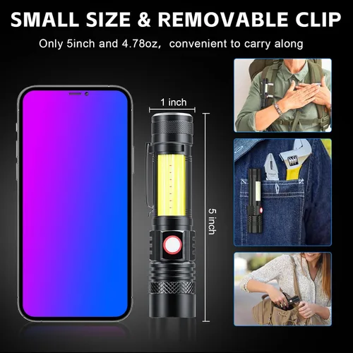 Vista 5 de ATDOALL Linterna LED recargable, linternas magnéticas USB con luz lateral de mazorca, pequeñas linternas tácticas, impermeable, zoomable, luz
