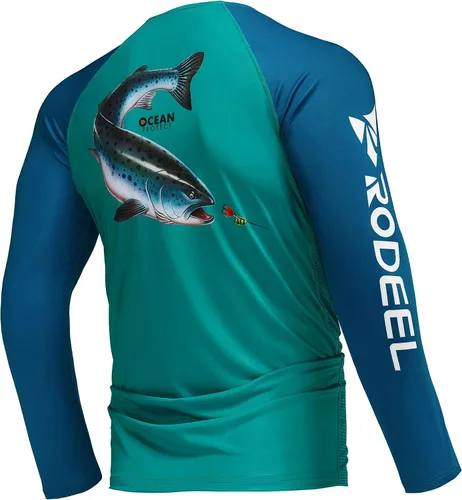 Vista 9 de Rodeel Camisas de pesca para hombre de manga larga que absorbe la tela UPF 50 protección solar camisa de rendimiento a. Negro