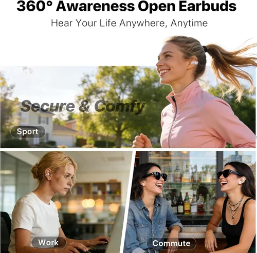 Vista 7 de Auriculares inalámbricos con clip de oreja abierta Bluetooth 6.0, estuche compacto de polvo con pantalla LED y espejo, clips de oreja de mariposa