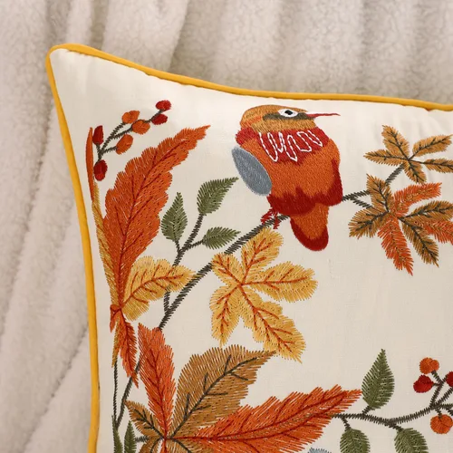 Vista 4 de Juego de 2 fundas de almohada bordadas de otoño de 16 x 16 pulgadas, diseño de pájaros vintage Hojas de arce, tela duradera, decoración bohemia