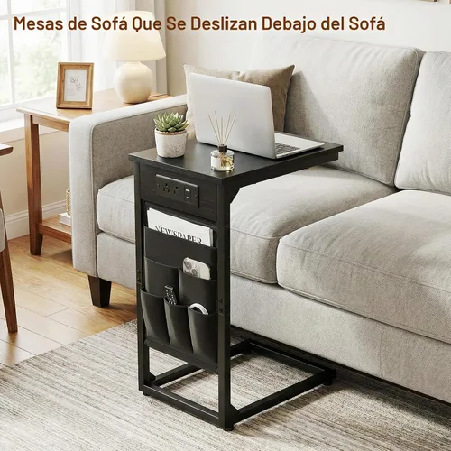 Vista 4 de AMHANCIBLE - Mesa auxiliar en forma de C con estación de carga, juego de bandeja para TV de 2 piezas, mesas de sofá con bolsa de almacenamiento