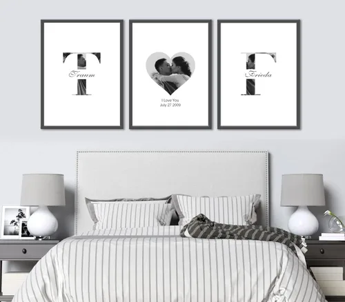 Vista 2 de Woodkap Impresiones en lienzo personalizadas con fotos de pareja y nombre Personalized Sign Initials Name and Special Date Posters, Set Of 3