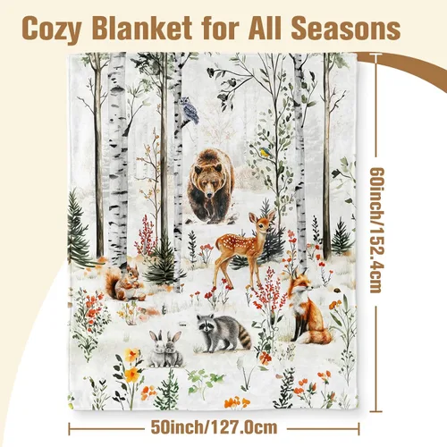 Vista 2 de Manta de animales del zoológico, regalos para los amantes del bosque, animales salvajes, oso, búho, sika, ciervo, ardilla, mapache, zorro, conejo