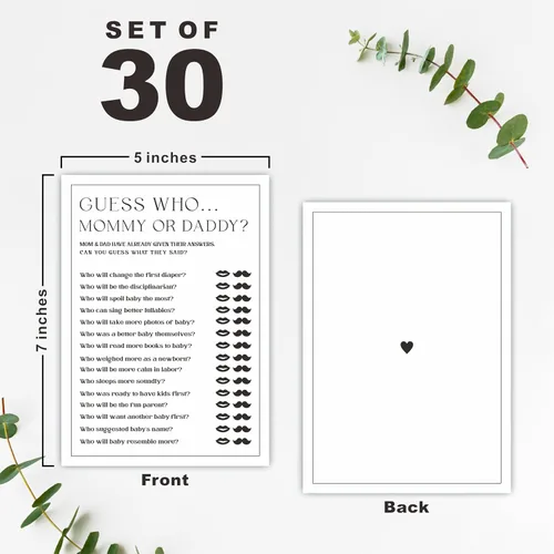Vista 2 de Juego de 30 juegos de fiesta de baby shower de 5 x 7 pulgadas, minimalismo en blanco y negro, juego de mamá o papá para los deseos de los invitados