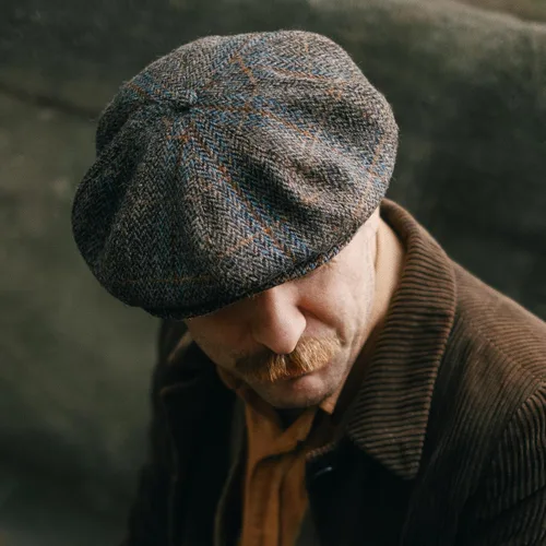 Vista 6 de Sterkowski Peaky Gorra 100% Harris Tweed Newsboy para hombres y mujeres Caliente clásico elegante sombrero de 8 paneles Cuadros marrón/azul