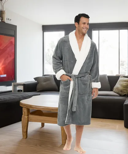 Vista 2 de Alexander Del Rossa Bata de felpa Sherpa para hombre, bata de baño cálida con bolsillos