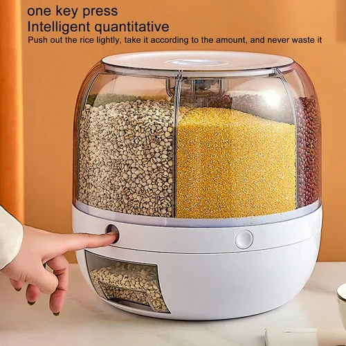 Vista 2 de Kufoo - Contenedor de almacenamiento de arroz y granos de 6 rejillas, dispensador de cereales giratorio de 360° con tapa, resistente a la humedad