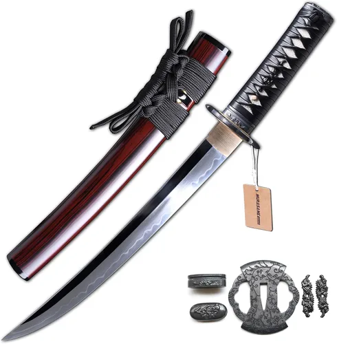 Vista 14 de MURASAME Espada Tanto Katana Corta de Arcilla Templada Acero T10 Hamon Real Muy Afilar Espiga Completa Hecha a Mano