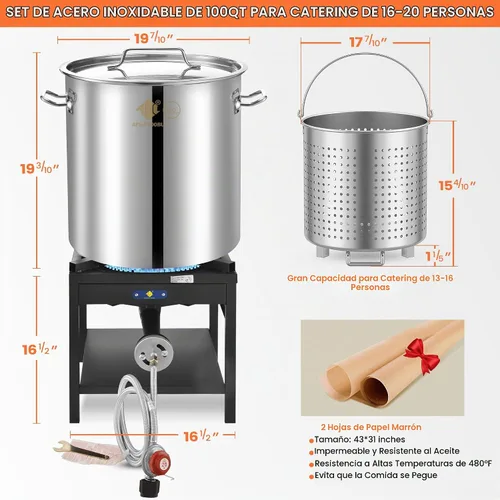 Vista 2 de ARC - Kit de cocción de mariscos de acero inoxidable de 100 cuartos de galón, quemador de propano de 200,000 BTU para cocinar al aire libre, olla