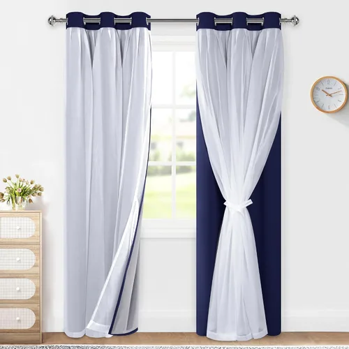 Vista 37 de XWZO Cortinas 100% opacas de doble capa para guardería, cortinas opacas con superposición transparente para dormitorio de niñas, cortinas