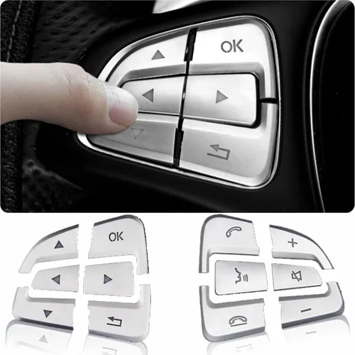 Vista 8 de Botón de Decoración Interior Compatible con Volante de Coche para Mercedes Benz Clase C, GLC, Clase W205 X205 - Plata (Modelo A)