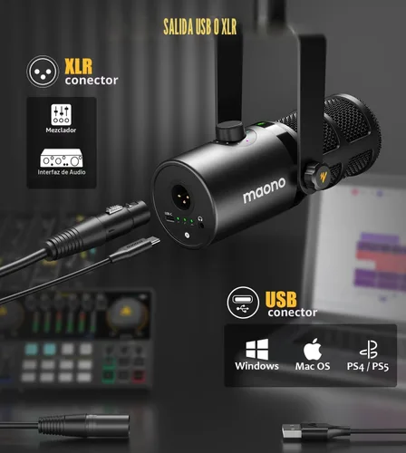 Vista 7 de MAONO Micrófono dinámico, micrófono de PC Podcast USB/XLR con software, ecualizador, toque para silenciar, conector para auriculares, perilla