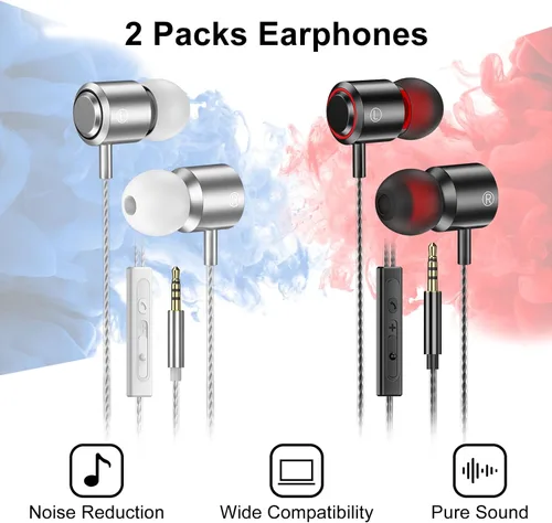 Vista 6 de Paquete de 2 auriculares con cable con micrófono, auriculares intrauditivos con cable con bloqueo de ruido y control de volumen, sonido premium