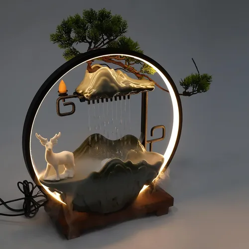 Vista 11 de Mini fuente artificial de mesa de roca con función de niebla de cascada de árbol bonsái