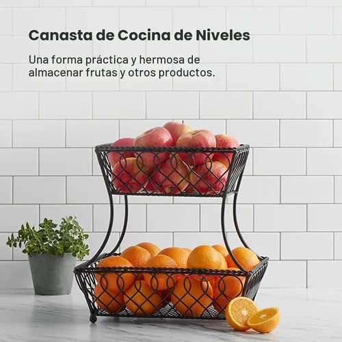 Vista 2 de [Usado] Gourmet Basics by Mikasa Cesta de frutas para encimera de 2 niveles, con bucle y celosía, almacenamiento redondo de metal para cocina o mesa