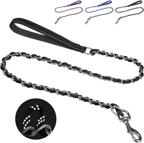 Vista 11 de HOMIMP Correa de perro a prueba de mordidas para perros medianos y grandes, correa reflectante de cadena de metal resistente de 6 pies con mango