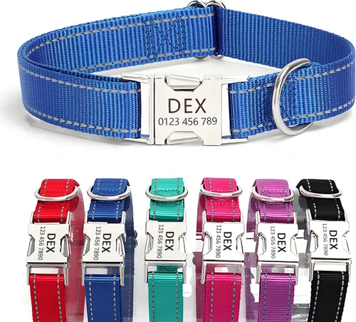Vista 26 de Collar de perro de nailon reflectante personalizado con etiqueta de nombre Collares de perro con hebilla dorada grabados personalizados Collar