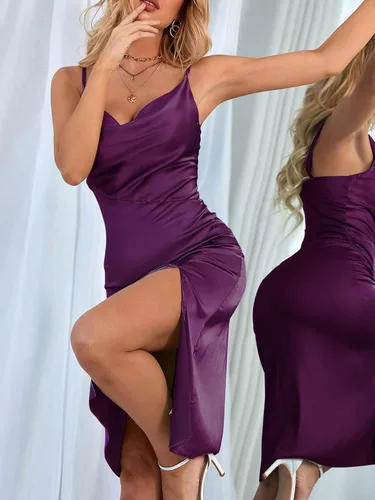 Vista 6 de LYANER - vestido de satén, para mujer, sin mangas, a media pierna con cuello drapeado, holgado y tirantes delgados, estilo camisola, con abertura