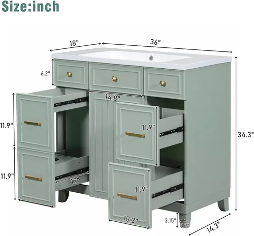 Vista 2 de LUMISOL Tocador de baño de 36 pulgadas con fregadero, tocador de baño de madera maciza con 3 cajones y armario agitador, gabinete de lavabo