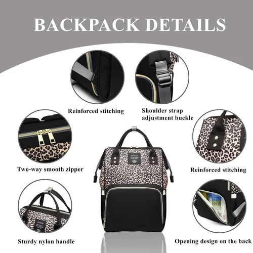Vista 4 de Bolsa de pañales con estampado de leopardo, mochila multifunción para el cuidado del bebé, bolsa de viaje impermeable para mamá, color marrón