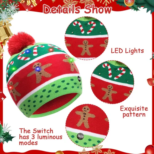 Vista 3 de SATINIOR 4 piezas de luces de Navidad, gorro de punto, gorro de Navidad con luces LED, sombrero de nieve LED, novedoso sombrero de invierno
