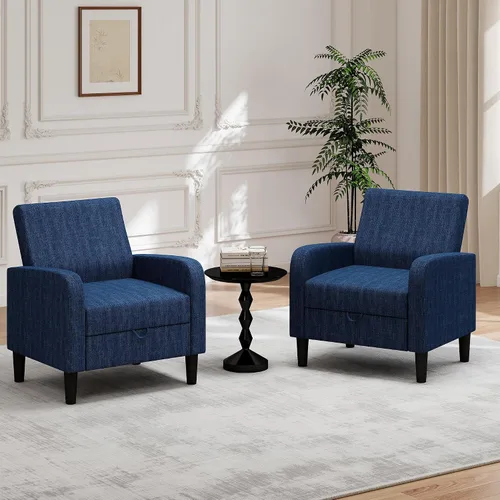 Vista 10 de DAGONHIL Silla de Acento para Sala de Estar, Silla Tapizada de Lectura para Dormitorio, Sillón de Tela de Lino, Sofá Individual para Sala de Azul