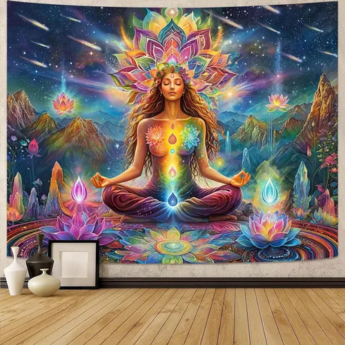 Vista 19 de Kanuyee Tapiz de luz negra de neón para colgar en la pared, bosque encantado, cascada, tapices para dormitorio, tapices UV, para colgar en la pared