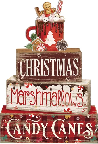 Vista 8 de Moucuny 4 Piezas de Decoración de Mesa de Ángel de Navidad, Letrero Decorativo Navideño de Madera, Escena de Nacimiento, Bandeja Escalonada, Centros