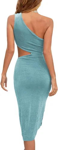 Vista 2 de LYANER Vestido sexy de mujer con un hombro recortado, sin mangas, ajustado, para discoteca