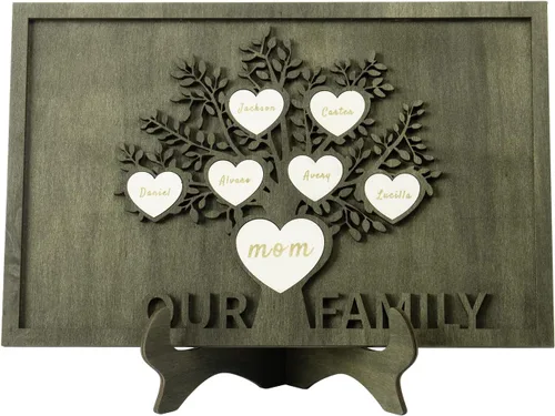 Vista 30 de Árbol genealógico con etiqueta de corazón, placas de madera grabadas personalizadas, regalos personalizados para madres, padres, escritorio, nombres