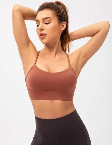 Vista 4 de Lavento Sujetador deportivo con espalda en Y para mujer, tirantes delgados, acolchado, de bajo impacto, para entrenamiento, yoga