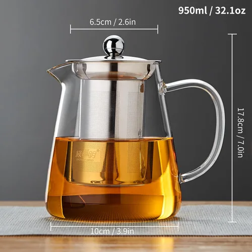 Vista 4 de Tetera de vidrio de 32.1 fl oz, hervidor de té de vidrio de borosilicato con infusor de acero inoxidable desmontable, tetera transparente para té