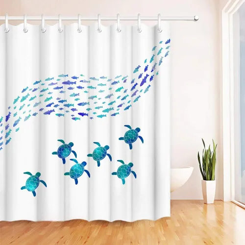 Vista 3 de RnnJoile Cortina de baño, cortina de ducha impermeable náutica con tela de animales marinos, 72 x 72 pulgadas, incluye ganchos, azul turquesa
