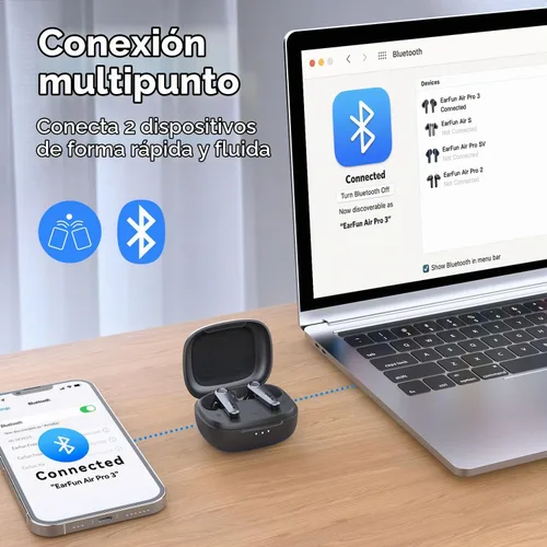 Vista 5 de EarFun Auriculares híbridos con cancelación activa de ruido, auriculares Bluetooth 5.3, chip Qualcomm más duradero, 6 micrófonos CVC Clear Call