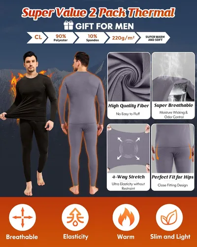 Vista 2 de CL convallaria Paquete de 2 calzoncillos térmicos largos para hombre, forro polar suave, capa base para clima frío, tallas XS-4XL