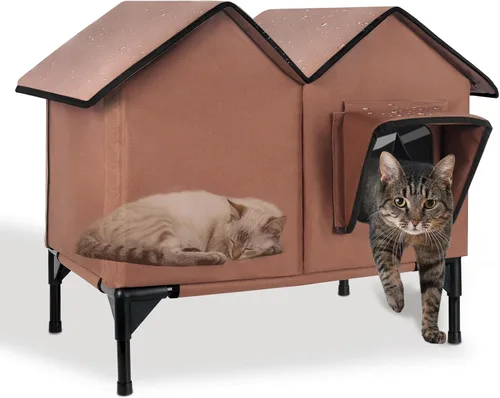 Vista 9 de Casa climatizada para gatos en invierno exterior, casa para gatos climatizada extra grande, resistente a la intemperie, cama elevada, puerta
